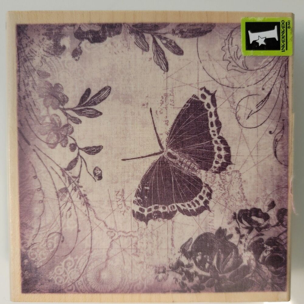 Inkadinkado GARDEN BUTTERFLY MAP Collage Wood Mounted Rubber Stamp #60-0079